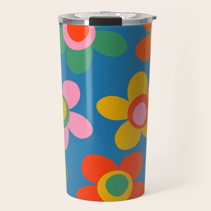 Maisie Flowers Cheerful Floral Pattern Blue Green Orange Yellow Pink Travel Mug Gallery Image 1