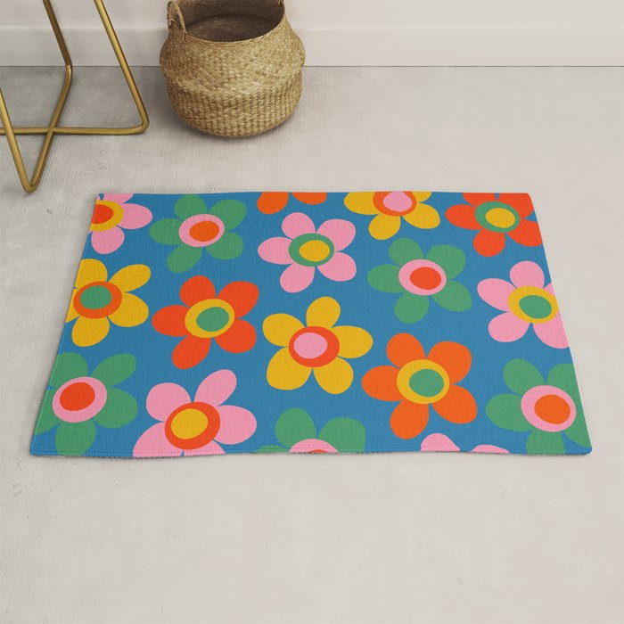 Maisie Flowers Cheerful Floral Pattern Blue Green Orange Yellow Pink Rug Gallery Image 1