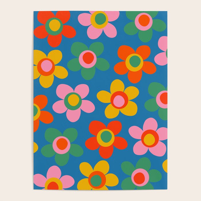 Maisie Flowers Cheerful Floral Pattern Blue Green Orange Yellow Pink Poster Gallery Image 4