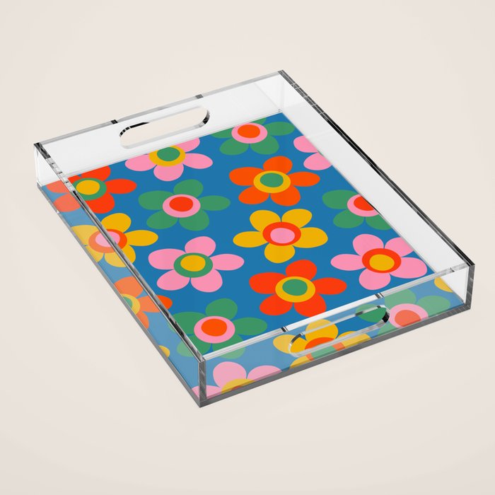 Maisie Flowers Cheerful Floral Pattern Blue Green Orange Yellow Pink Acrylic Tray Gallery Image 1