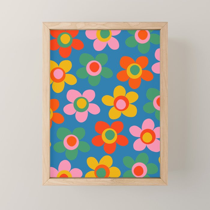 Maisie Flowers Cheerful Floral Pattern Blue Green Orange Yellow Pink Mini Art Print Gallery Image 1