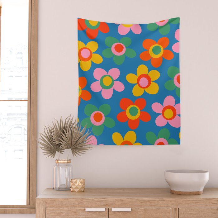 Maisie Flowers Cheerful Floral Pattern Blue Green Orange Yellow Pink Wall Tapestry Gallery Image 2