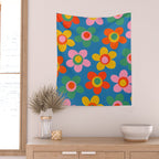 Maisie Flowers Cheerful Floral Pattern Blue Green Orange Yellow Pink Wall Tapestry Gallery Image 2