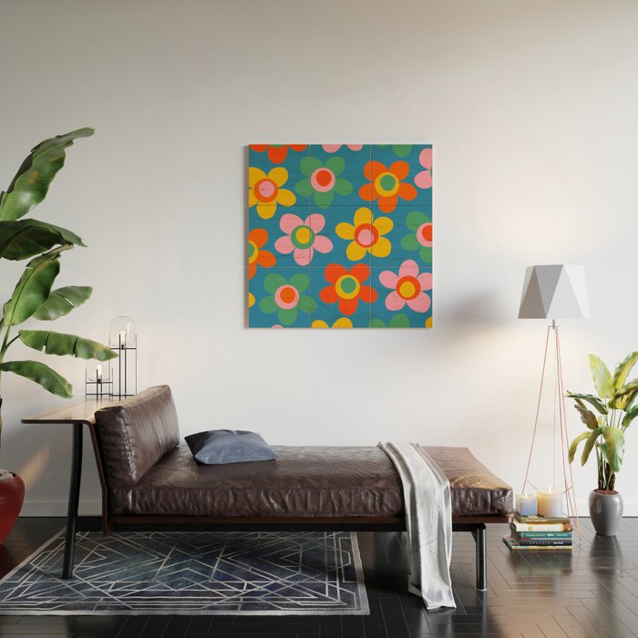 Maisie Flowers Cheerful Floral Pattern Blue Green Orange Yellow Pink Wood Wall Art Gallery Image 2