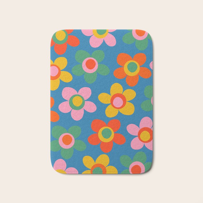 Maisie Flowers Cheerful Floral Pattern Blue Green Orange Yellow Pink Bath Mat Gallery Image 1