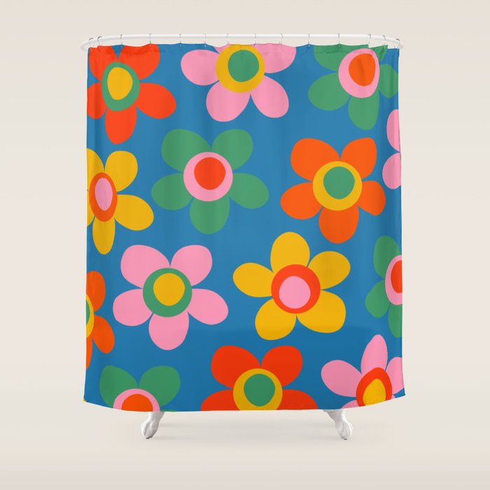 Maisie Flowers Cheerful Floral Pattern Blue Green Orange Yellow Pink Shower Curtain Gallery Image 1