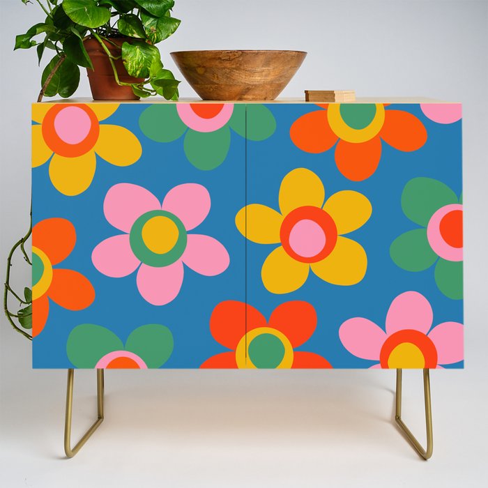 Maisie Flowers Cheerful Floral Pattern Blue Green Orange Yellow Pink Credenza Gallery Image 1