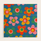 Maisie Flowers Cheerful Floral Pattern Blue Green Orange Yellow Pink Wood Wall Art Gallery Image 1