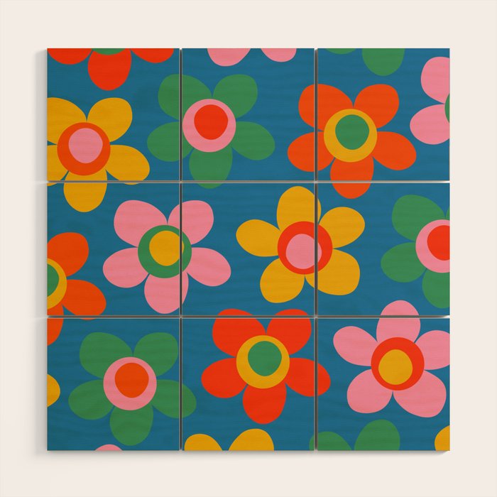 Maisie Flowers Cheerful Floral Pattern Blue Green Orange Yellow Pink Wood Wall Art Gallery Image 1