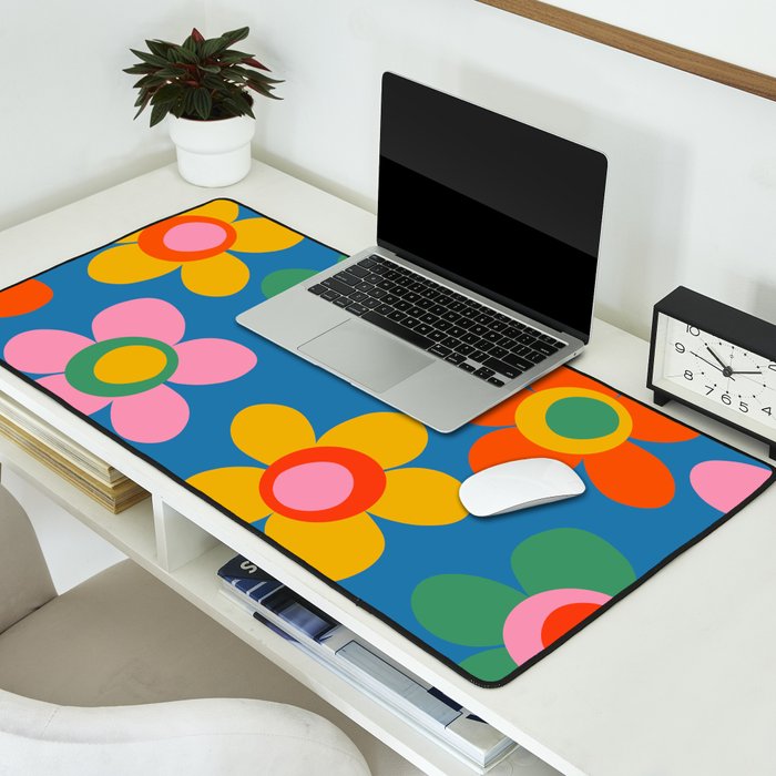 Maisie Flowers Cheerful Floral Pattern Blue Green Orange Yellow Pink Desk Mat Gallery Image 2