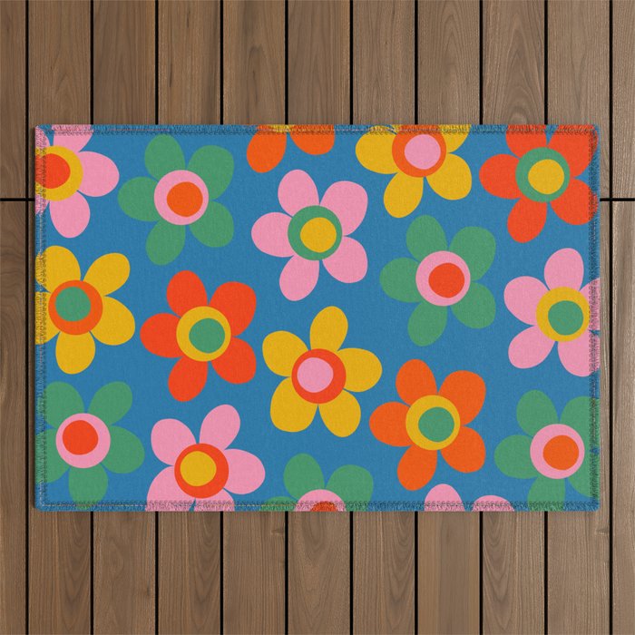 Maisie Flowers Cheerful Floral Pattern Blue Green Orange Yellow Pink Outdoor Rug Gallery Image 1