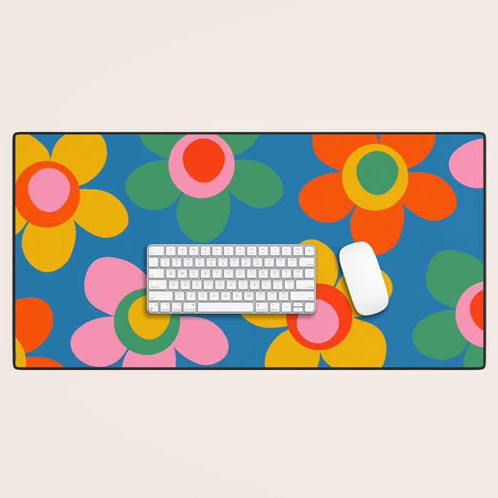 Maisie Flowers Cheerful Floral Pattern Blue Green Orange Yellow Pink Desk Mat Gallery Image 1