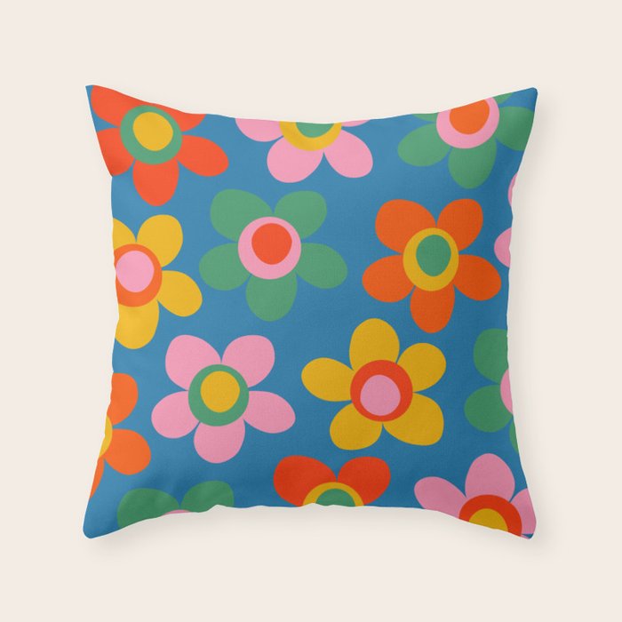 Maisie Flowers Cheerful Floral Pattern Blue Green Orange Yellow Pink Throw Pillow Gallery Image 6