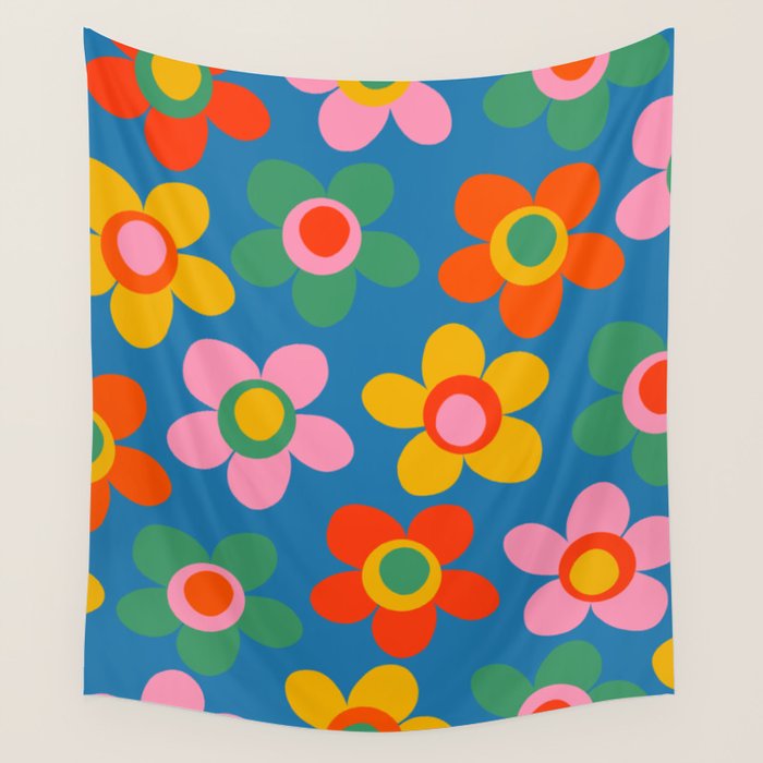 Maisie Flowers Cheerful Floral Pattern Blue Green Orange Yellow Pink Wall Tapestry Gallery Image 4