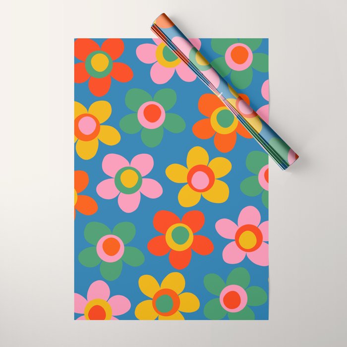 Maisie Flowers Cheerful Floral Pattern Blue Green Orange Yellow Pink Wrapping Paper Gallery Image 1