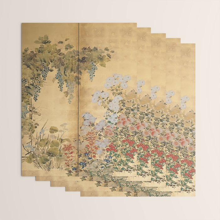 Japanese Edo Period Six-Panel Gold Leaf Screen - Spring and Autumn Flowers Wrapping Paper Gallery Image 3
