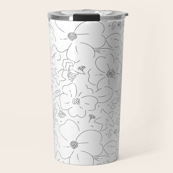Black and white flower art pattern Travel Mug Gallery Image 1