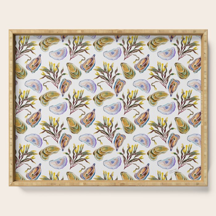 Watercolor Oysters and Seaweed Pattern Serving Tray Gallery Image 1