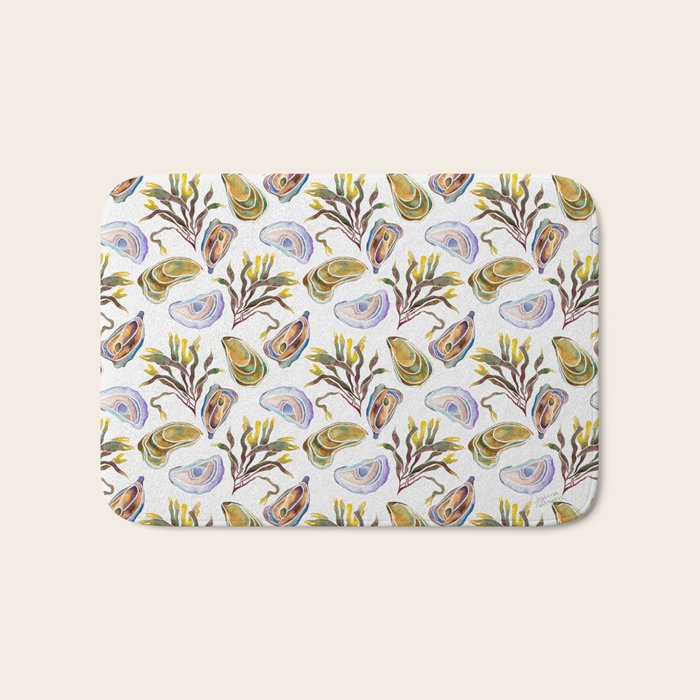 Watercolor Oysters and Seaweed Pattern Bath Mat Gallery Image 1