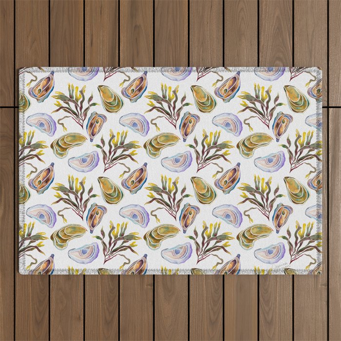 Watercolor Oysters and Seaweed Pattern Outdoor Rug Gallery Image 1