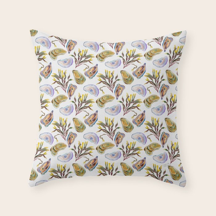 Watercolor Oysters and Seaweed Pattern Throw Pillow Gallery Image 6