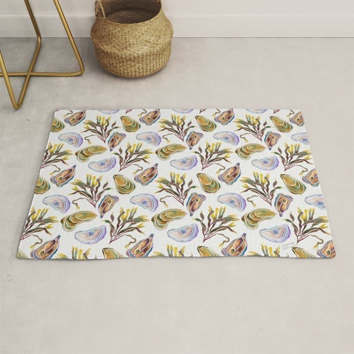 Watercolor Oysters and Seaweed Pattern Rug Gallery Image 1