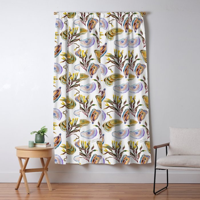 Watercolor Oysters and Seaweed Pattern Window Curtain Gallery Image 1