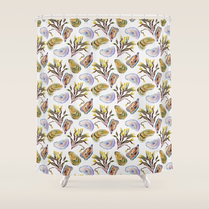 Watercolor Oysters and Seaweed Pattern Shower Curtain Gallery Image 1