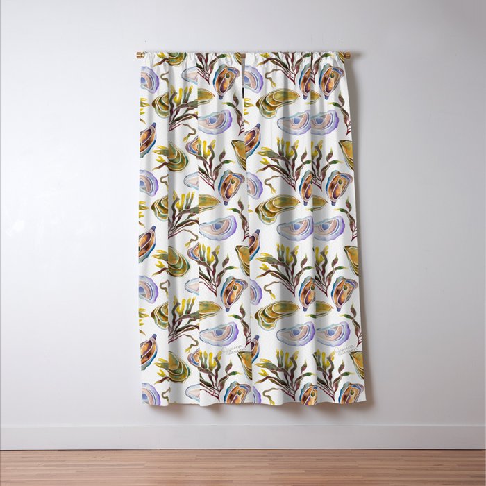 Watercolor Oysters and Seaweed Pattern Window Curtain Gallery Image 3