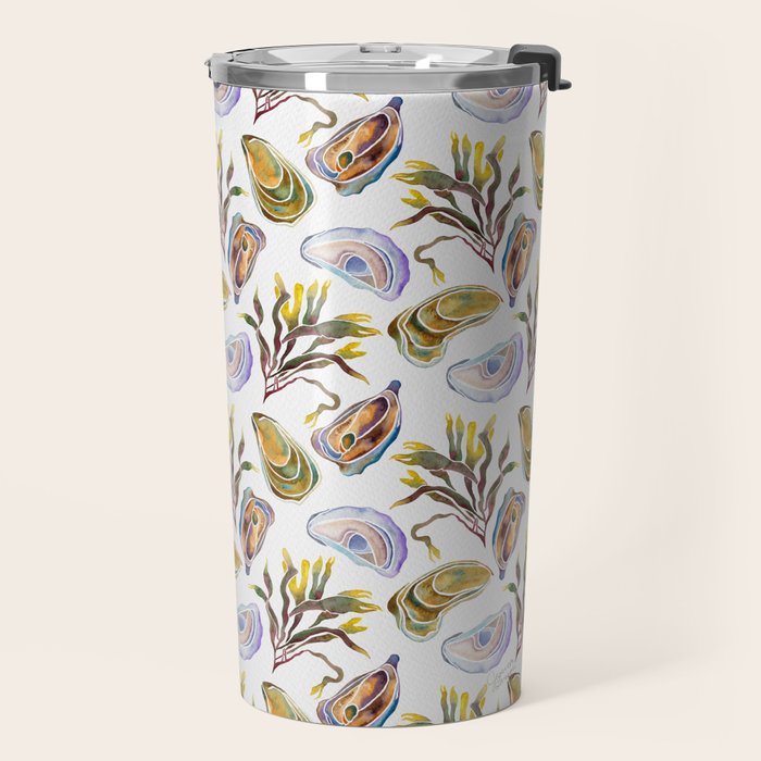 Watercolor Oysters and Seaweed Pattern Travel Mug Gallery Image 2