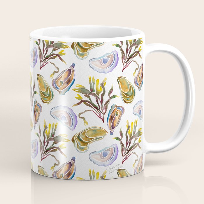 Watercolor Oysters and Seaweed Pattern Coffee Mug Gallery Image 1