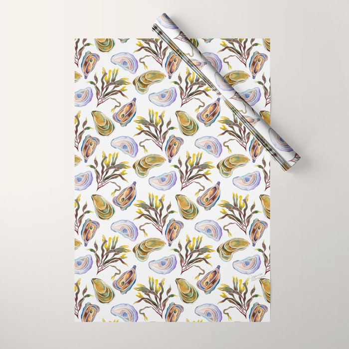 Watercolor Oysters and Seaweed Pattern Wrapping Paper Gallery Image 1