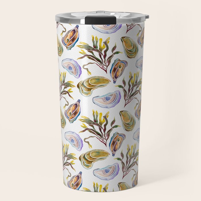 Watercolor Oysters and Seaweed Pattern Travel Mug Gallery Image 1