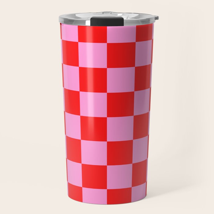 Pink Checkered And Red Bright Modern Shape Geometric Pattern Travel Mug Gallery Image 1