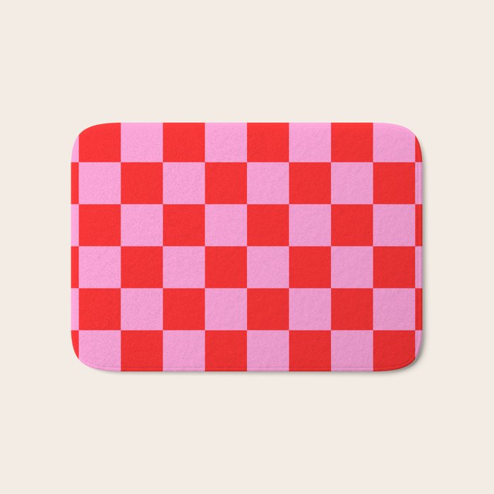Pink Checkered And Red Bright Modern Shape Geometric Pattern Bath Mat Gallery Image 1