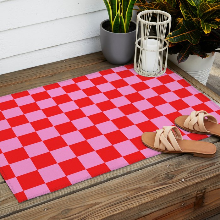 Pink Checkered And Red Bright Modern Shape Geometric Pattern Outdoor Rug Gallery Image 2