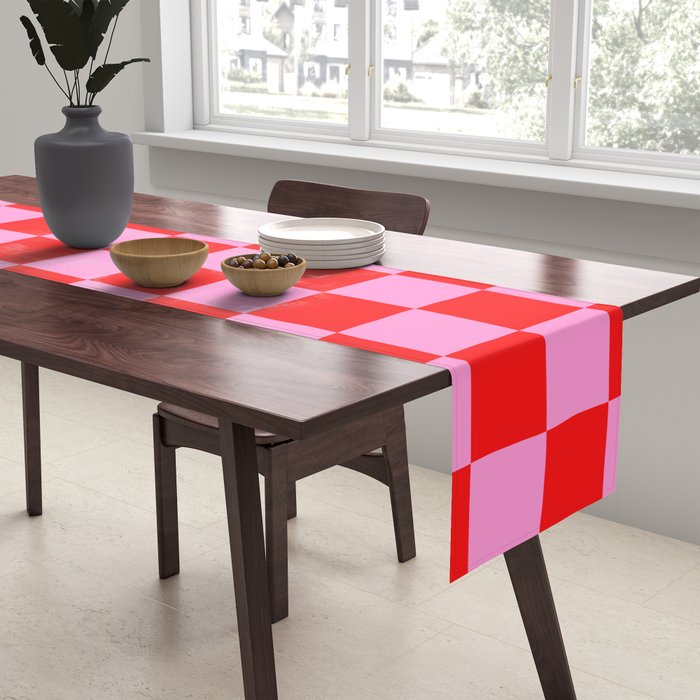 Pink Checkered And Red Bright Modern Shape Geometric Pattern Table Runner Gallery Image 2