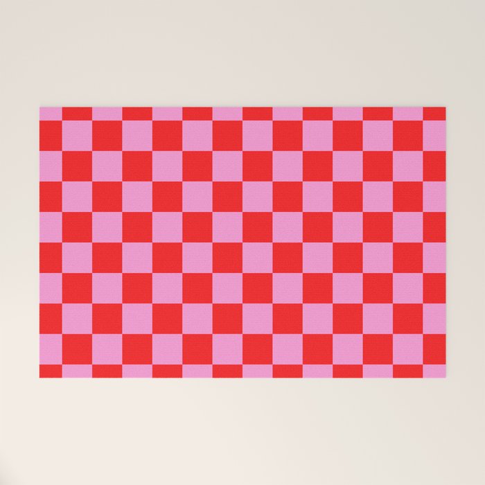 Pink Checkered And Red Bright Modern Shape Geometric Pattern Welcome Mat Gallery Image 1