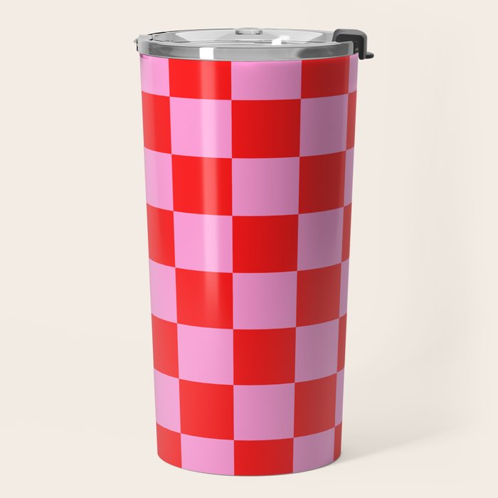 Pink Checkered And Red Bright Modern Shape Geometric Pattern Travel Mug Gallery Image 2