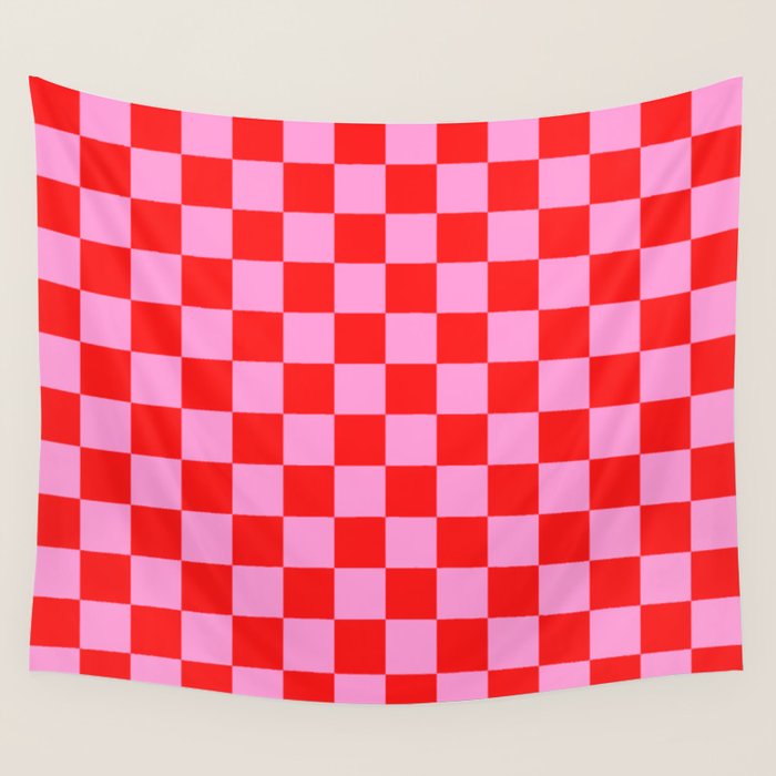 Pink Checkered And Red Bright Modern Shape Geometric Pattern Wall Tapestry Gallery Image 1