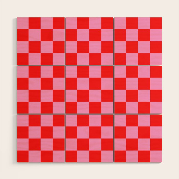 Pink Checkered And Red Bright Modern Shape Geometric Pattern Wood Wall Art