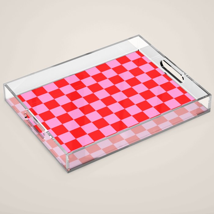 Pink Checkered And Red Bright Modern Shape Geometric Pattern Acrylic Tray Gallery Image 1
