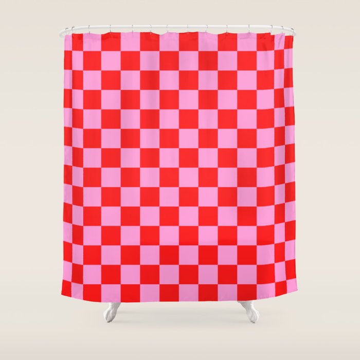 Pink Checkered And Red Bright Modern Shape Geometric Pattern Shower Curtain Gallery Image 1