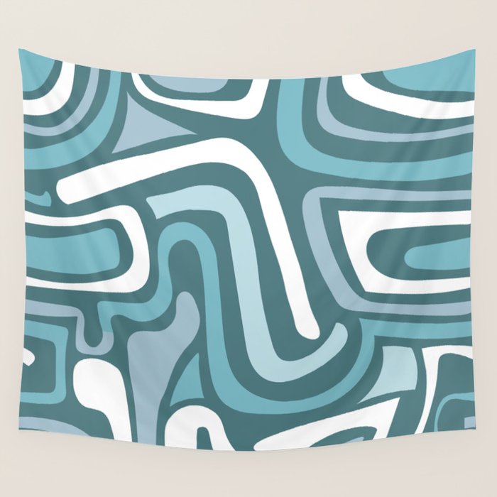 Mid century modern abstract retro blue swirls Wall Tapestry Gallery Image 1