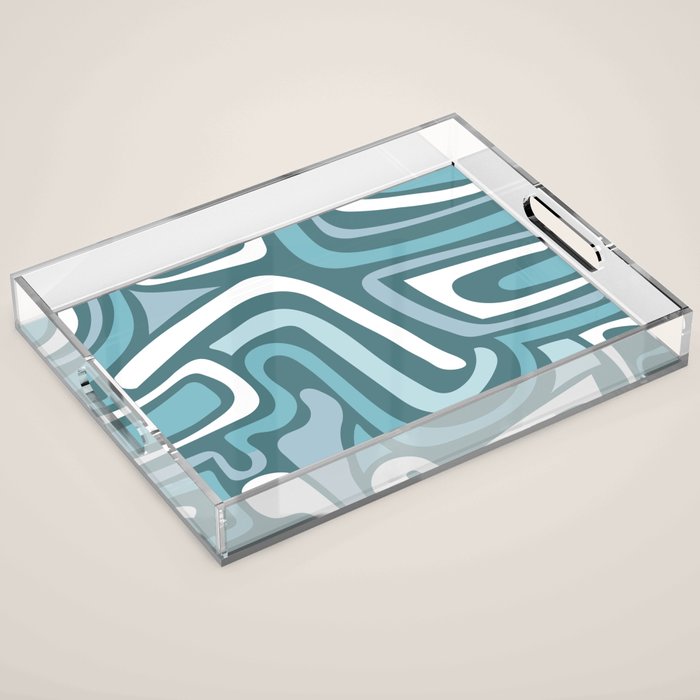 Mid century modern abstract retro blue swirls Acrylic Tray Gallery Image 1