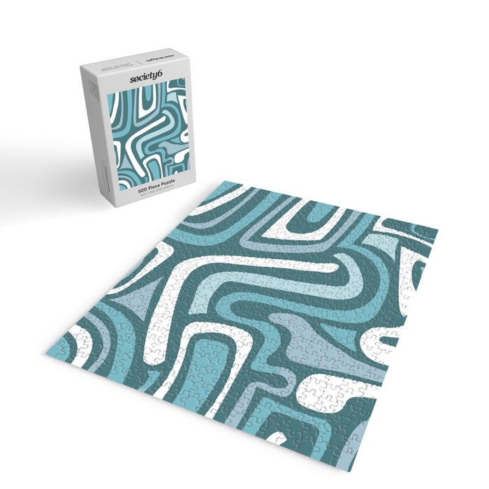 Mid century modern abstract retro blue swirls Jigsaw Puzzle Gallery Image 2