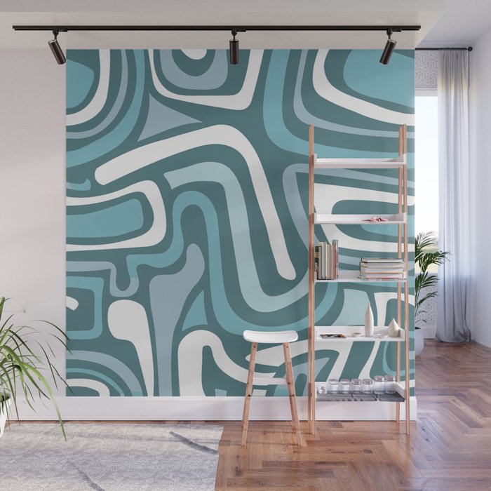 Mid century modern abstract retro blue swirls Wall Mural Gallery Image 1