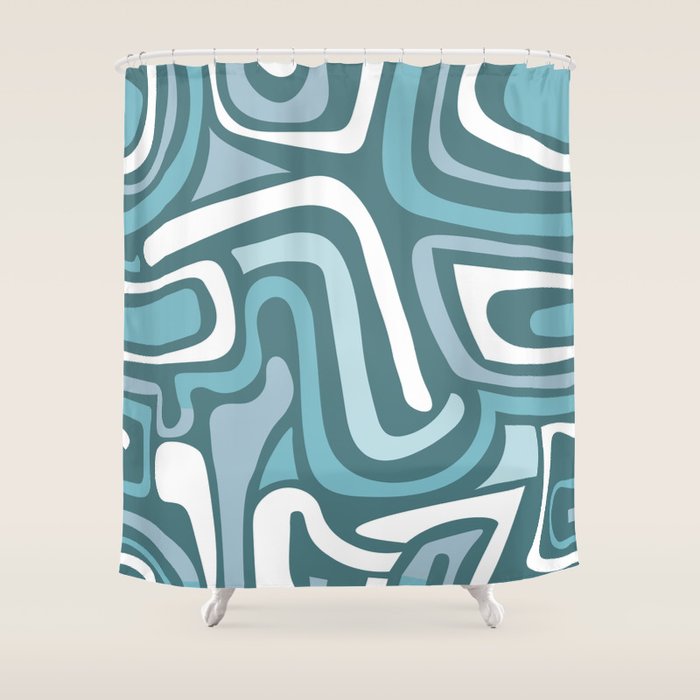 Mid century modern abstract retro blue swirls Shower Curtain Gallery Image 1