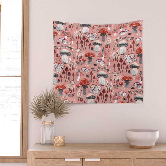 Fungi Farmer Land (Mushroom Land) - RED Wall Tapestry Gallery Image 2