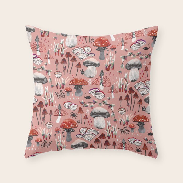 Fungi Farmer Land (Mushroom Land) - RED Throw Pillow Gallery Image 1